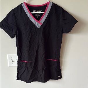 Grey's Anatomy Black Scrub Top with Pink and Gray Accents